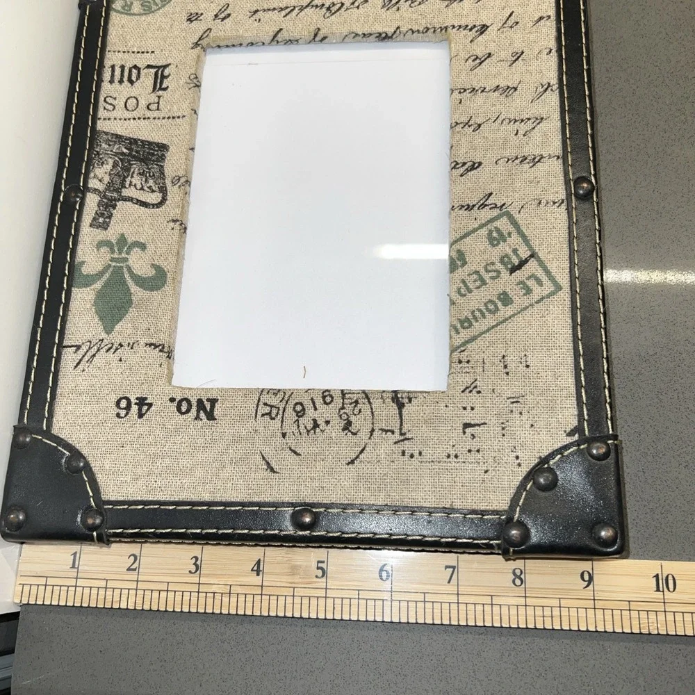 VINTAGE STYLE BROWN FAUX LEATHER FRAME W/ NAILHEAD TRIM & STAMPED CANVAS MAT 5X7